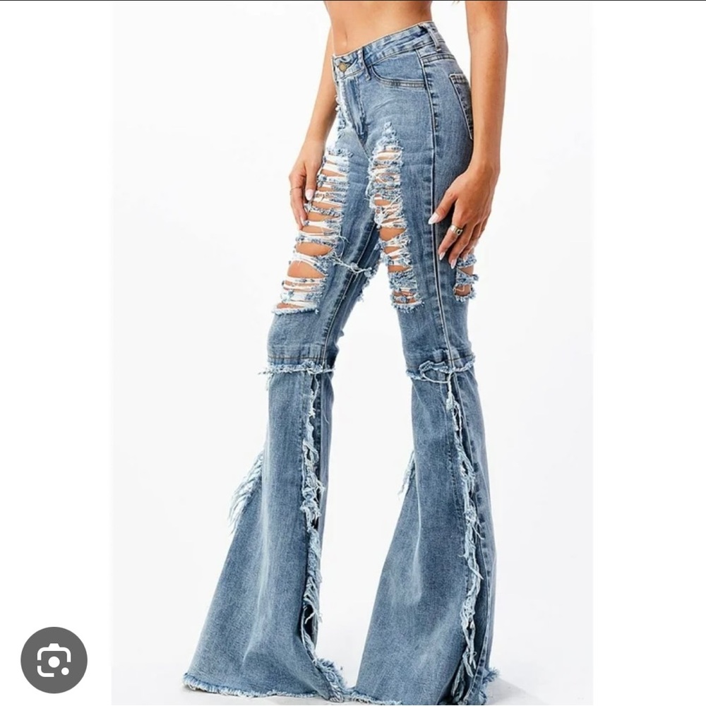 Blue Flare Wide Leg Jeans with Distressed Details